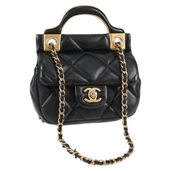 CHANEL Matelasse Chain Pouch Shoulder Bag Lamb Skin Black Gold CC Auth BD2191M - Picture 1 of 16